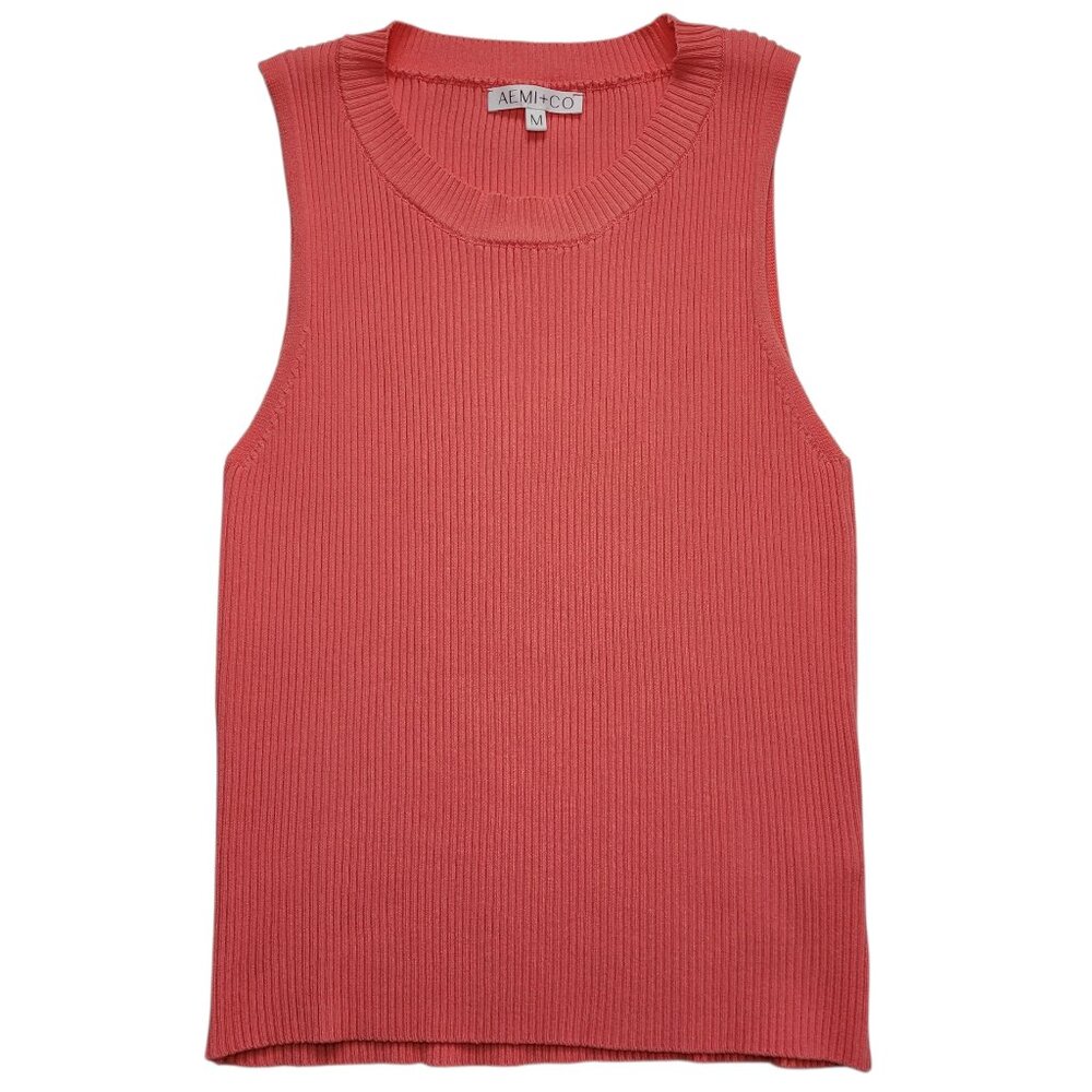 Aemi + Co Ribbed Knit Sleeveless Sweater Tank Top Coral Medium Minimalist